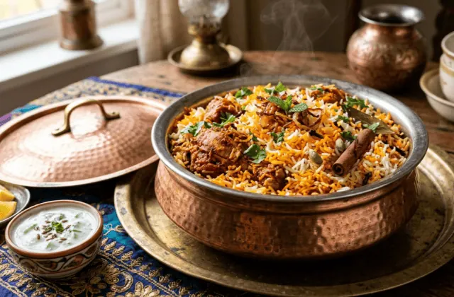 Biryani de poulet dans un handi en cuivre : riz basmati blanc et safrané, poulet épicé, oignons frits, menthe et coriandre, avec raïta et citron