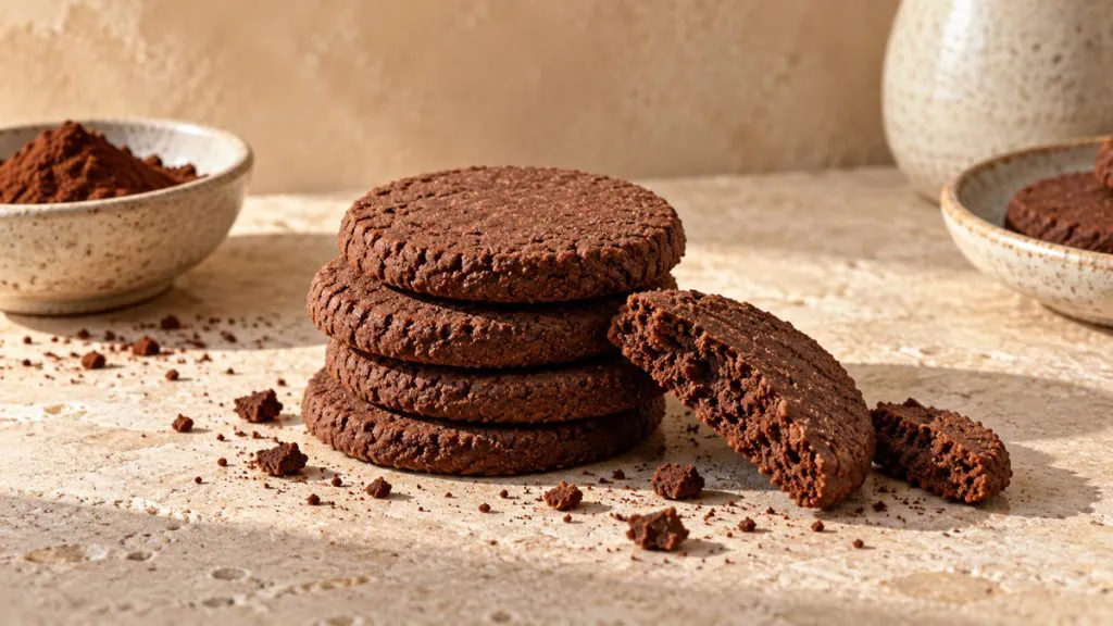 Biscuits au cacao et miettes sur fond clair
