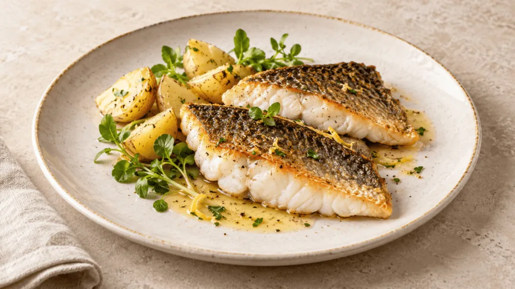 Filets de black-bass poêlés avec pommes de terre et beurre citronné