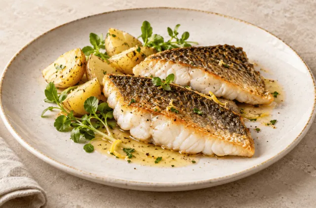 Filets de black-bass poêlés avec pommes de terre et beurre citronné