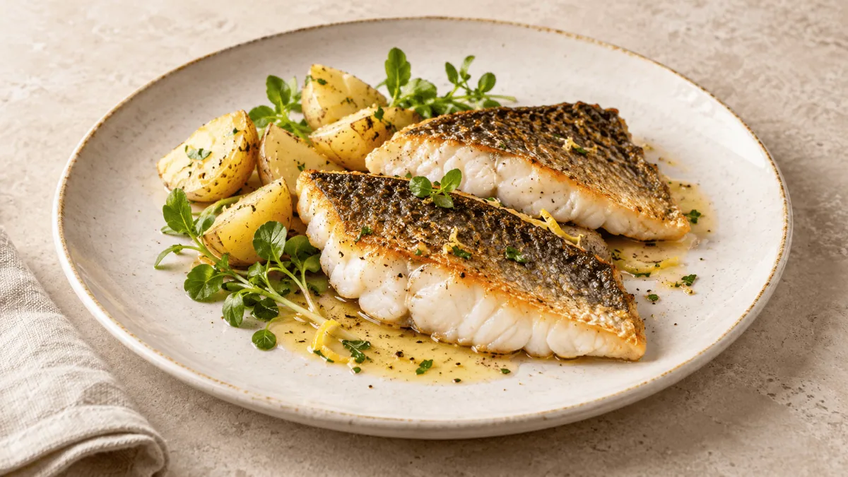 Filets de black-bass poêlés avec pommes de terre et beurre citronné