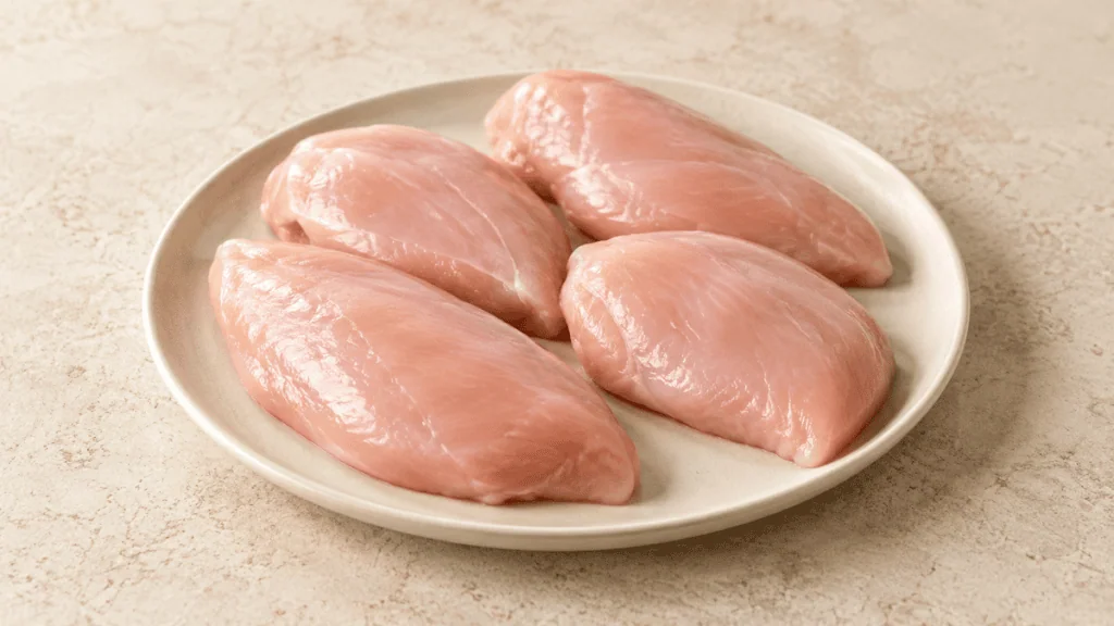 Blancs de poulet crus sans peau sur assiette claire