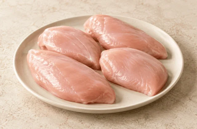 Blancs de poulet crus sans peau sur assiette claire