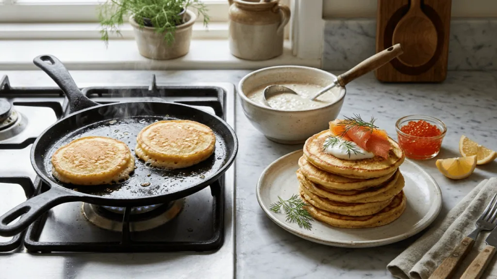 Blinis maison à la levure cuisant dans une poêle, pile de blinis garnis de crème, saumon fumé et aneth, œufs de saumon