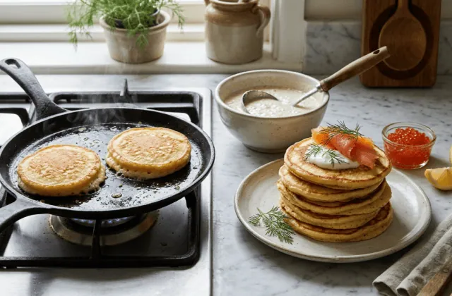 Blinis maison à la levure cuisant dans une poêle, pile de blinis garnis de crème, saumon fumé et aneth, œufs de saumon