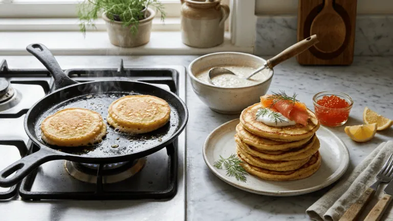 Blinis maison à la levure cuisant dans une poêle, pile de blinis garnis de crème, saumon fumé et aneth, œufs de saumon