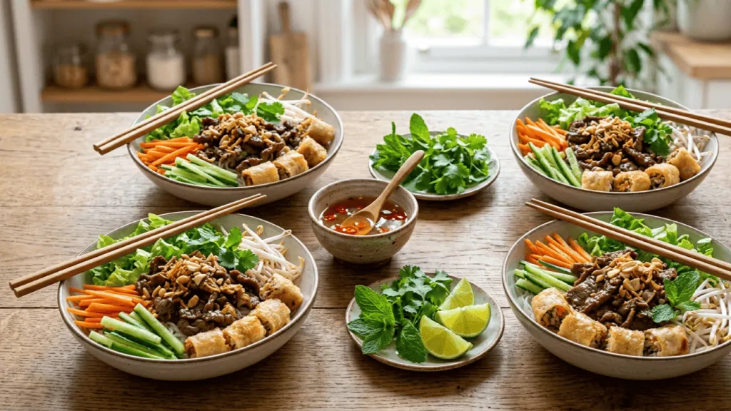 Quatre bols de bo bun au bœuf faits maison, sauce nuoc-mâm, herbes fraîches et citron vert au centre de la table