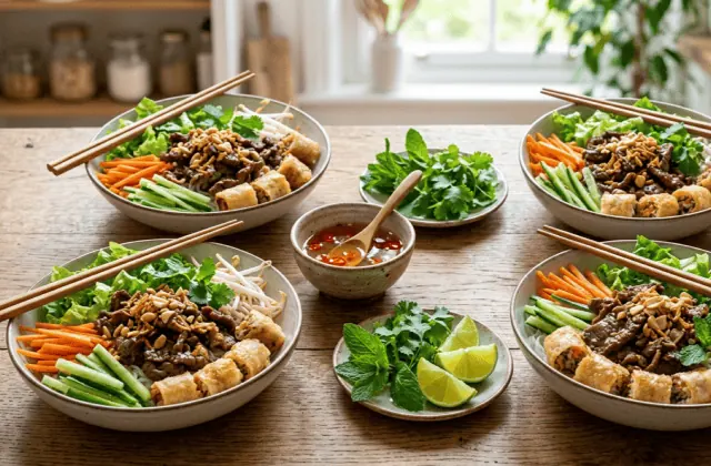 Quatre bols de bo bun au bœuf faits maison, sauce nuoc-mâm, herbes fraîches et citron vert au centre de la table