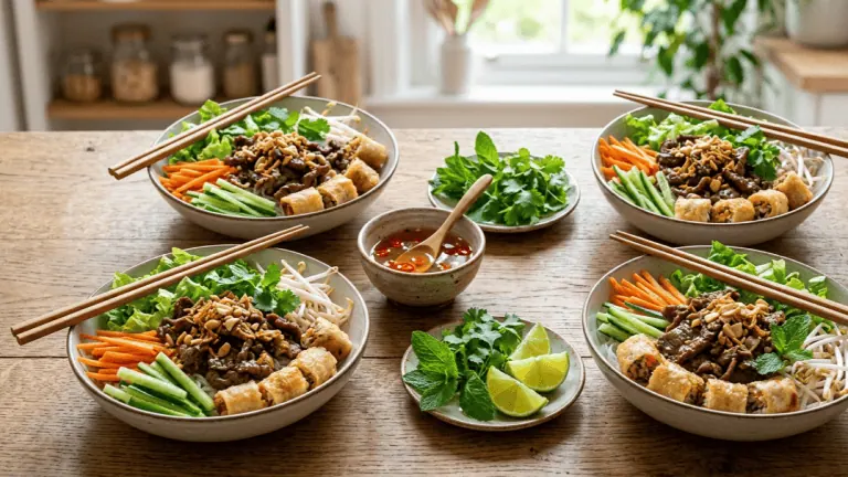 Quatre bols de bo bun au bœuf faits maison, sauce nuoc-mâm, herbes fraîches et citron vert au centre de la table