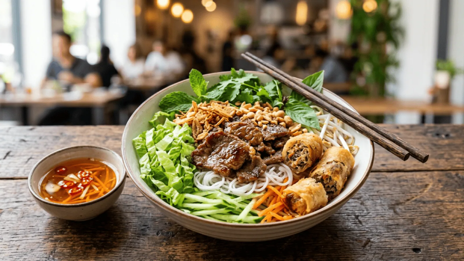 Bol de bo bun : vermicelles de riz, bœuf sauté à la citronnelle, nems, crudités, herbes fraîches, cacahuètes et oignons frits, avec sauce nuoc-mâm