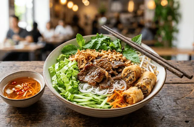 Bol de bo bun : vermicelles de riz, bœuf sauté à la citronnelle, nems, crudités, herbes fraîches, cacahuètes et oignons frits, avec sauce nuoc-mâm