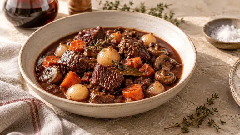 Bœuf bourguignon mijoté avec carottes, champignons et oignons grelots