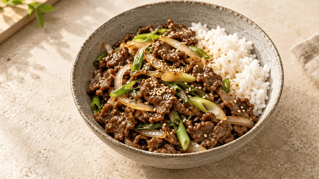 Bœuf bulgogi coréen avec oignon, cébette, sésame et riz