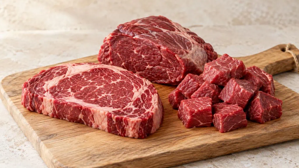 Morceaux de bœuf cru de qualité bouchère sur une planche en bois clair
