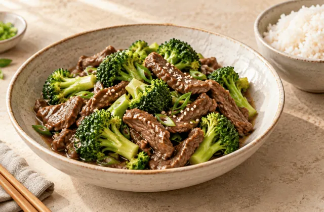 Bœuf sauté au brocoli, sauce soja et gingembre