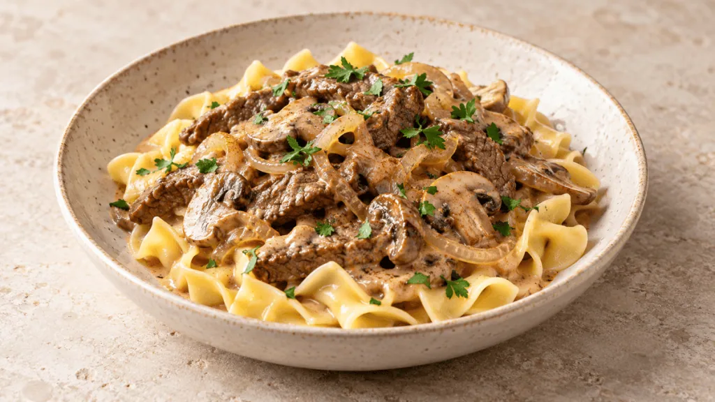 Bœuf Stroganoff aux champignons et oignons servi avec des nouilles aux œufs