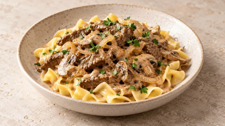 Bœuf Stroganoff aux champignons et oignons servi avec des nouilles aux œufs