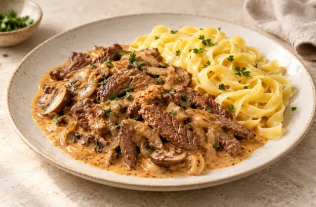 Bœuf Stroganoff : lanières de bœuf et champignons nappés de sauce à la crème aigre, servis avec des tagliatelles et de la ciboulette