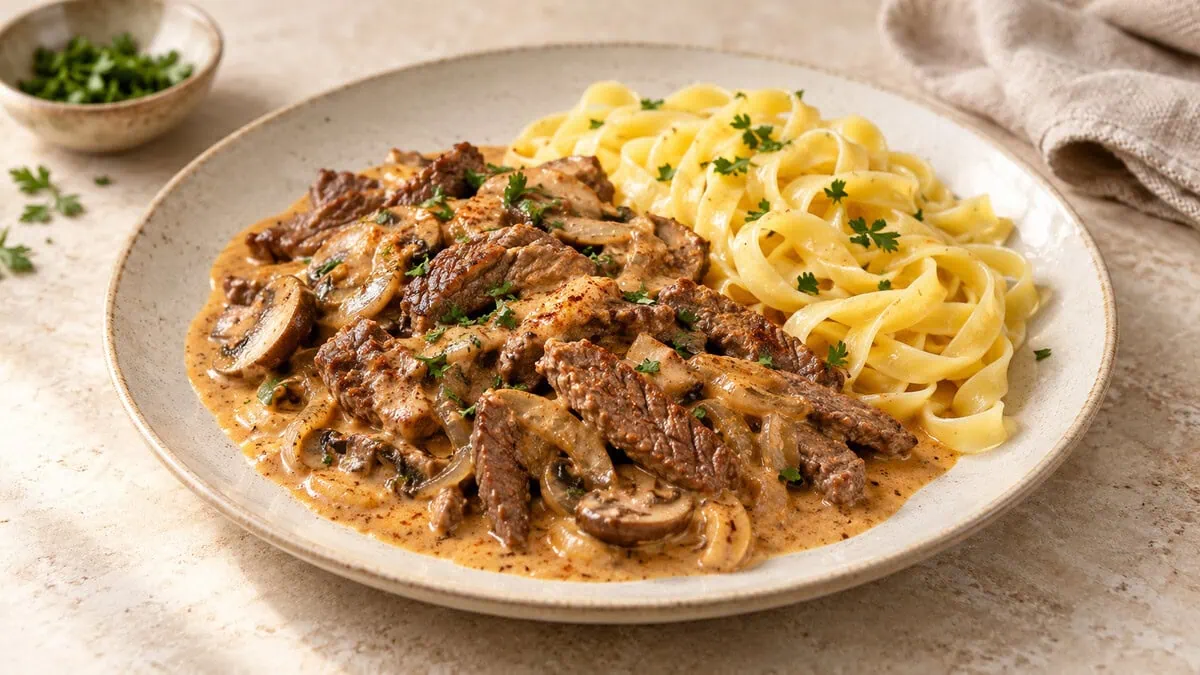Bœuf Stroganoff : lanières de bœuf et champignons nappés de sauce à la crème aigre, servis avec des tagliatelles et de la ciboulette