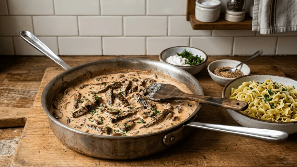 Bœuf Stroganoff maison dans la sauteuse : lanières de bœuf et champignons à la crème aigre, nouilles au beurre, crème aigre et aneth à côté