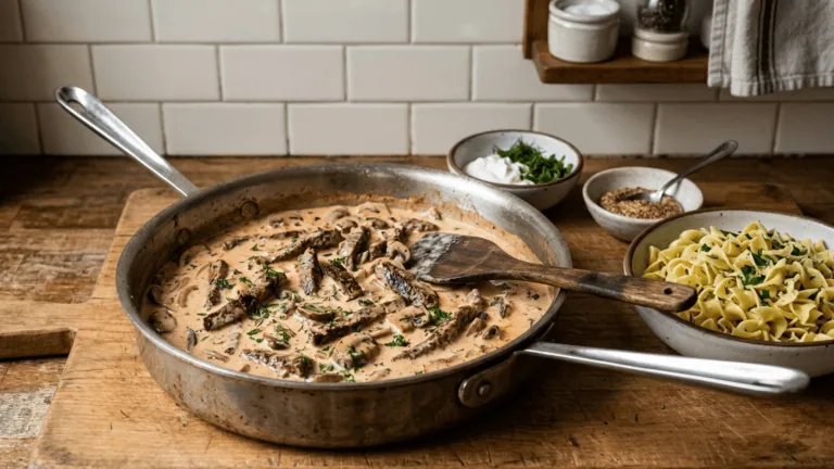 Bœuf Stroganoff maison dans la sauteuse : lanières de bœuf et champignons à la crème aigre, nouilles au beurre, crème aigre et aneth à côté