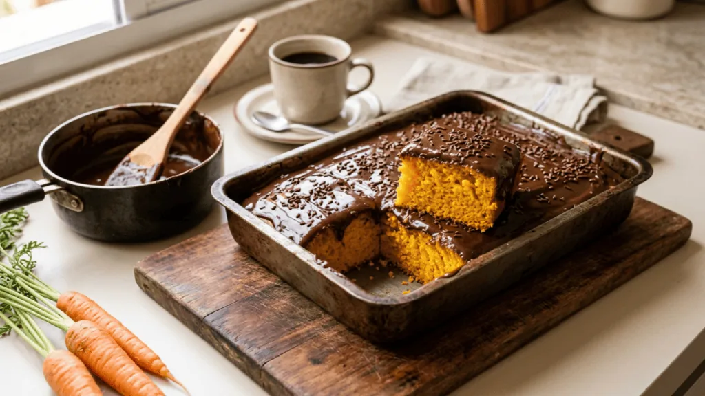 Bolo de cenoura brésilien dans son moule, nappage brillant au chocolat et vermicelles, parts coupées montrant la mie orange