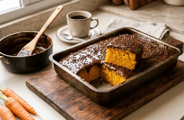 Bolo de cenoura brésilien dans son moule, nappage brillant au chocolat et vermicelles, parts coupées montrant la mie orange