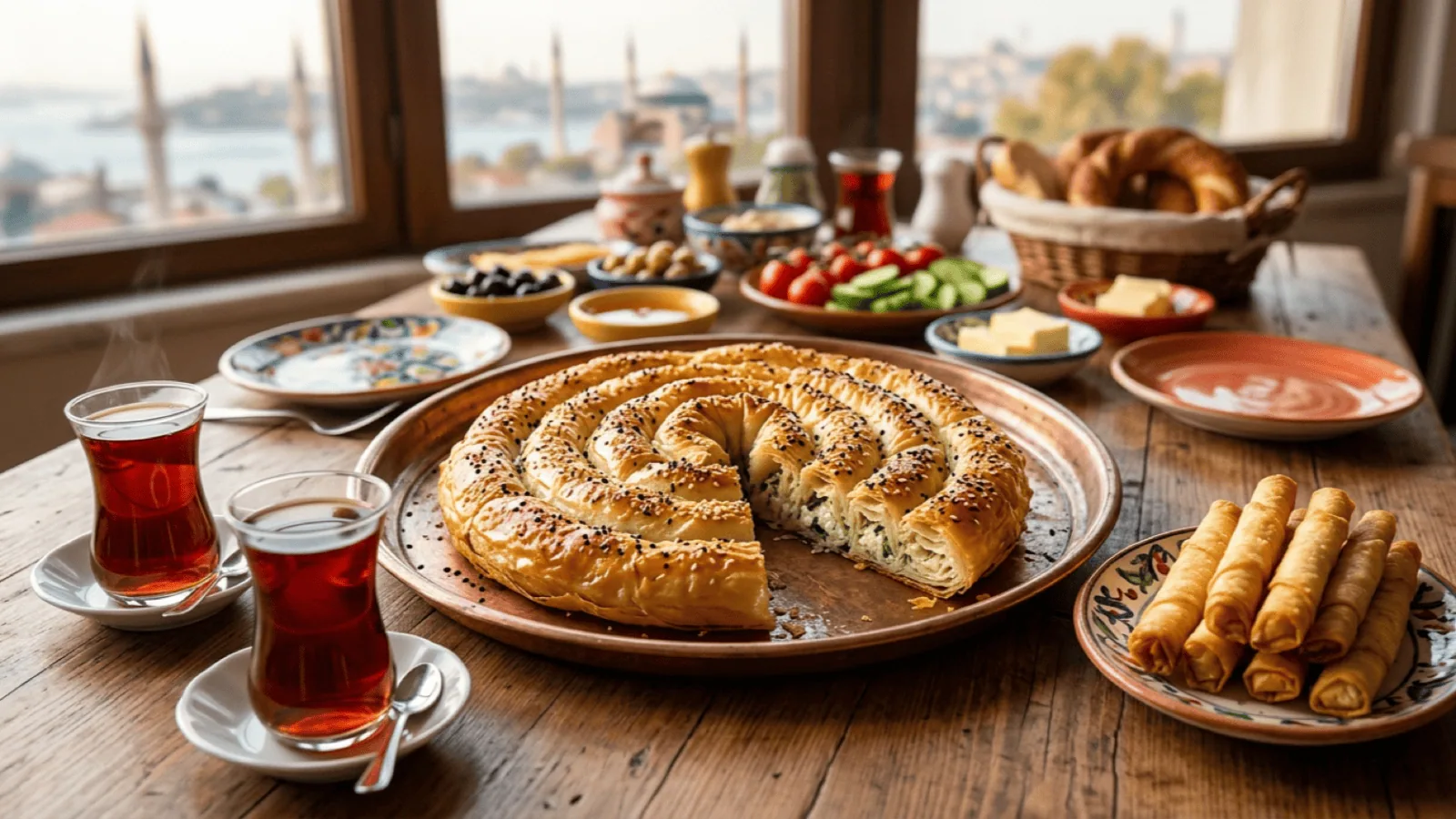 Börek turc : kol böreği en spirale au sésame et à la nigelle, part coupée sur le fromage au persil, sigara böreği et thé turc