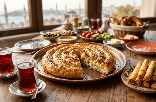 Börek turc : kol böreği en spirale au sésame et à la nigelle, part coupée sur le fromage au persil, sigara böreği et thé turc