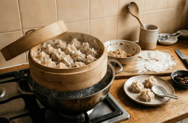 Bouchons maison dans un cuit-vapeur en bambou sur la casserole, assiette de bouchons et sauce soja pimentée