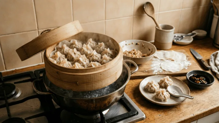 Bouchons maison dans un cuit-vapeur en bambou sur la casserole, assiette de bouchons et sauce soja pimentée