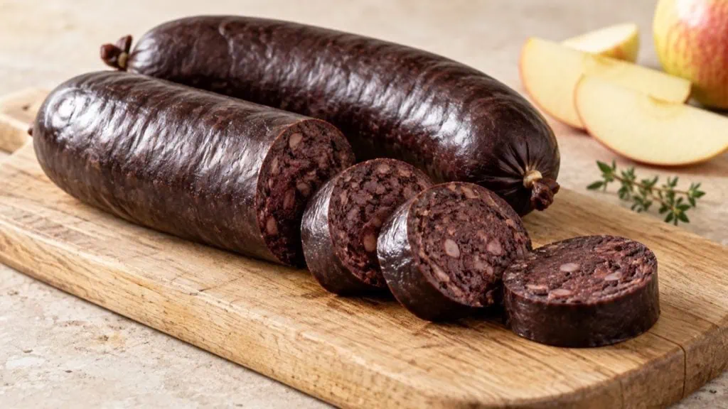 Boudin noir entier et tranché sur une planche en bois