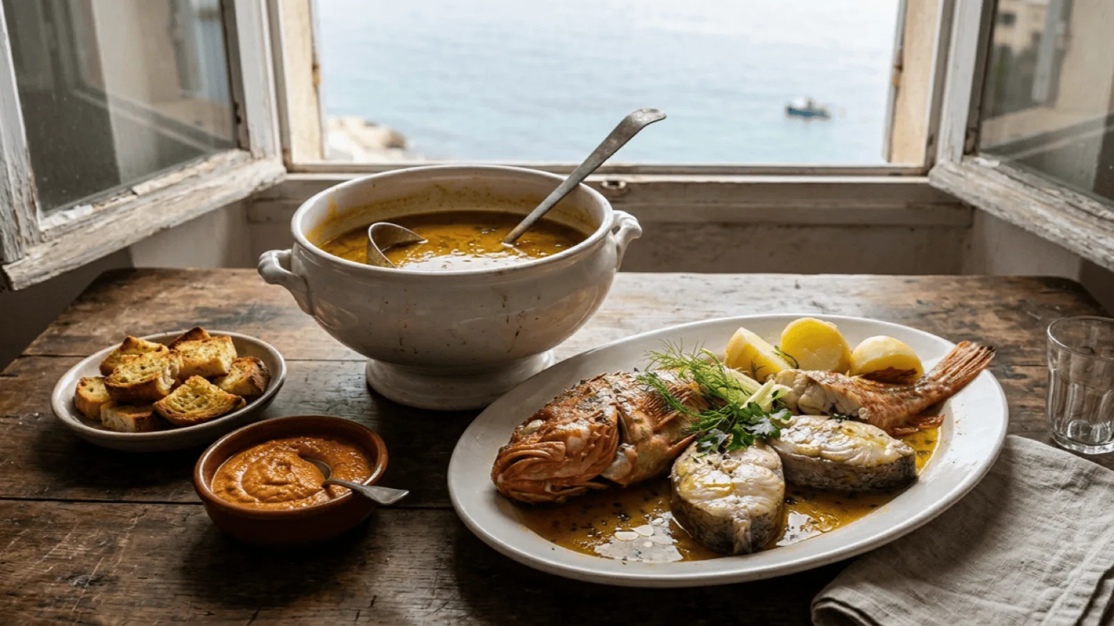 Bouillabaisse marseillaise servie avec sa soupière de bouillon safrané, ses poissons de roche, la rouille et les croûtons
