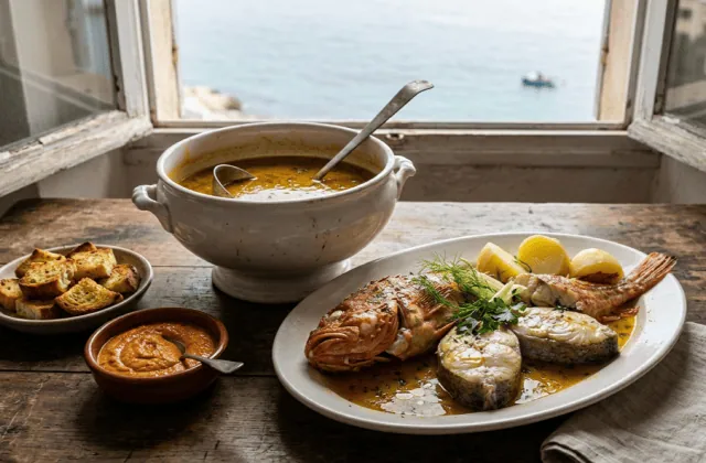 Bouillabaisse marseillaise servie avec sa soupière de bouillon safrané, ses poissons de roche, la rouille et les croûtons