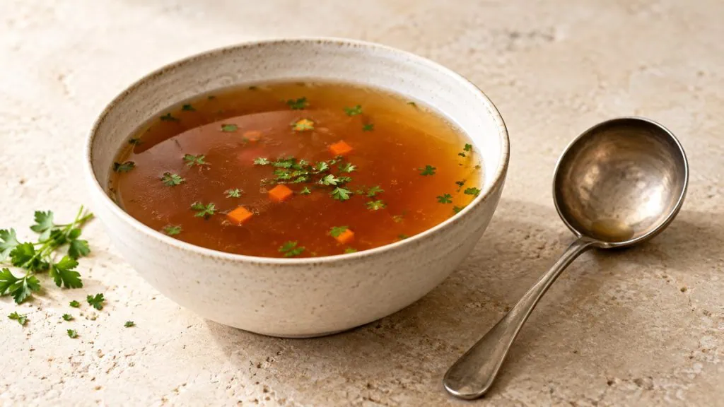 Bouillon de bœuf clair et ambré dans un bol en grès avec une louche