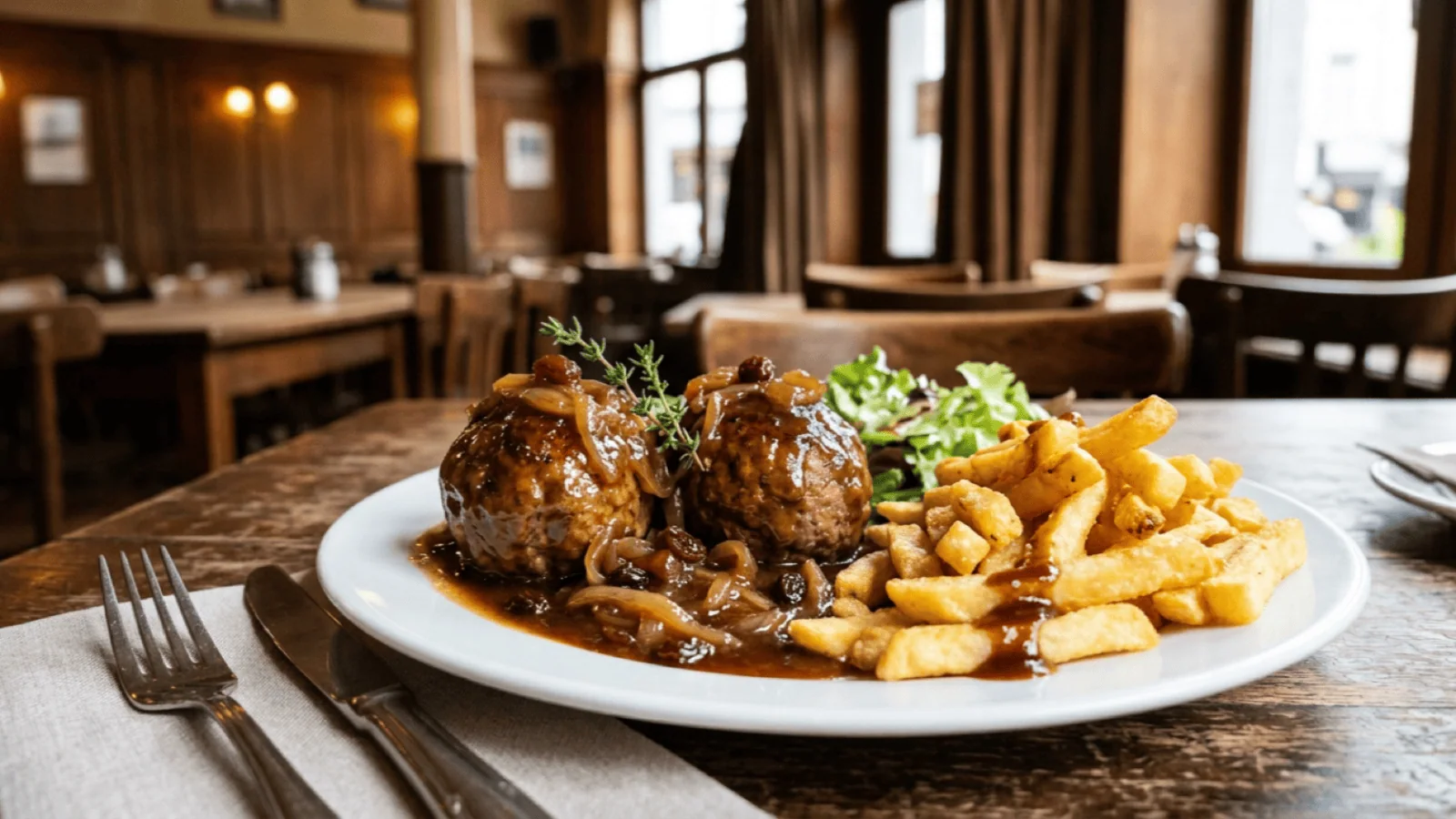 Boulets à la liégeoise nappés de sauce lapin aux oignons et raisins, servis avec des frites et une salade dans une brasserie