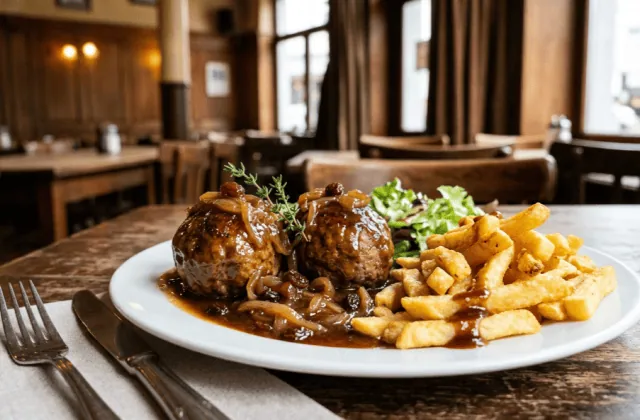 Boulets à la liégeoise nappés de sauce lapin aux oignons et raisins, servis avec des frites et une salade dans une brasserie