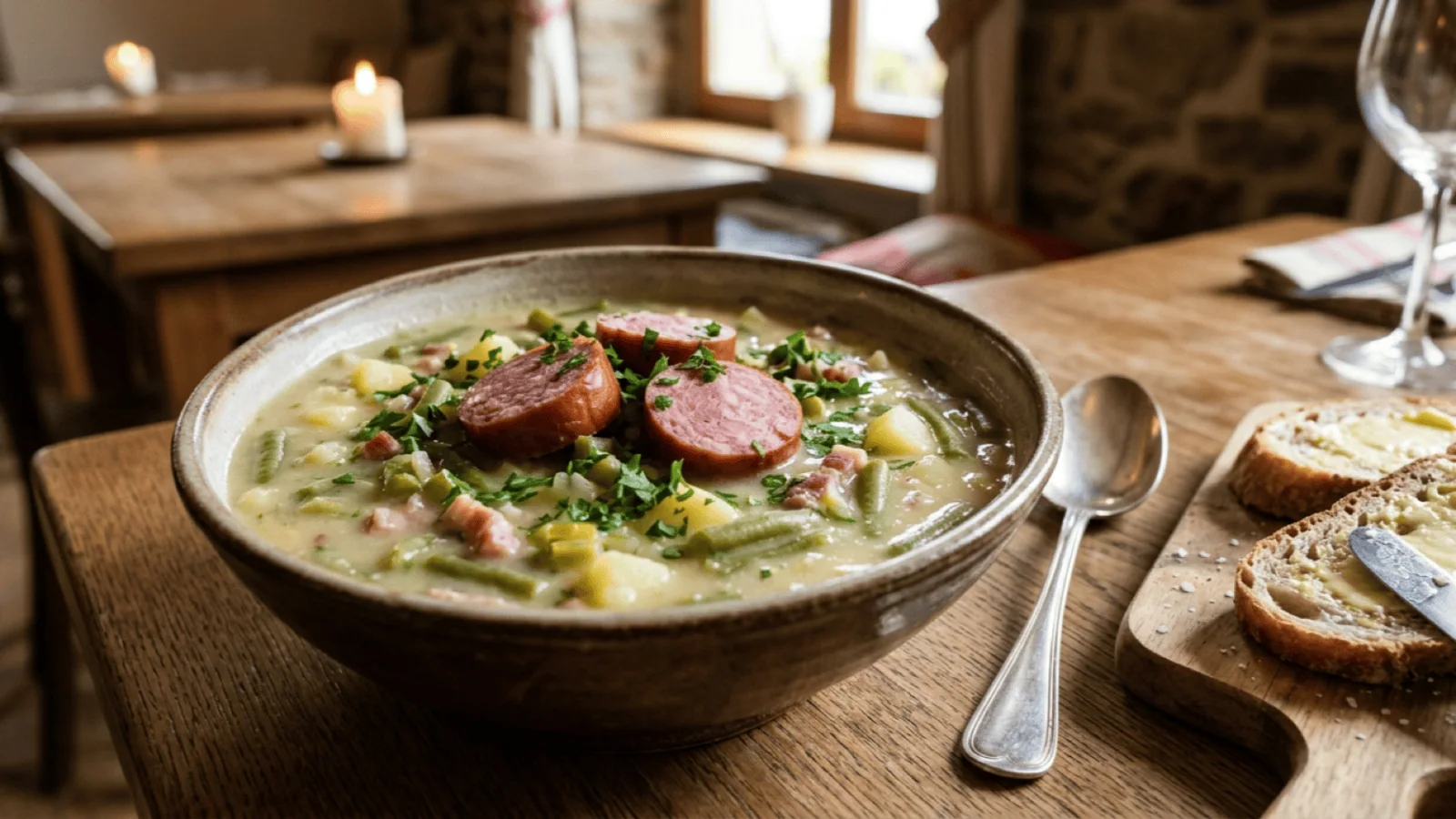 Bouneschlupp luxembourgeoise : soupe crémeuse aux haricots verts, pommes de terre, lardons et rondelles de Mettwurscht, avec pain beurré