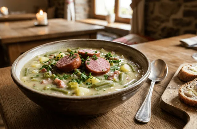 Bouneschlupp luxembourgeoise : soupe crémeuse aux haricots verts, pommes de terre, lardons et rondelles de Mettwurscht, avec pain beurré