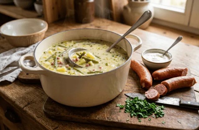 Bouneschlupp traditionnelle tout juste prête dans la cocotte, Mettwurscht coupées en rondelles et crème fraîche à côté
