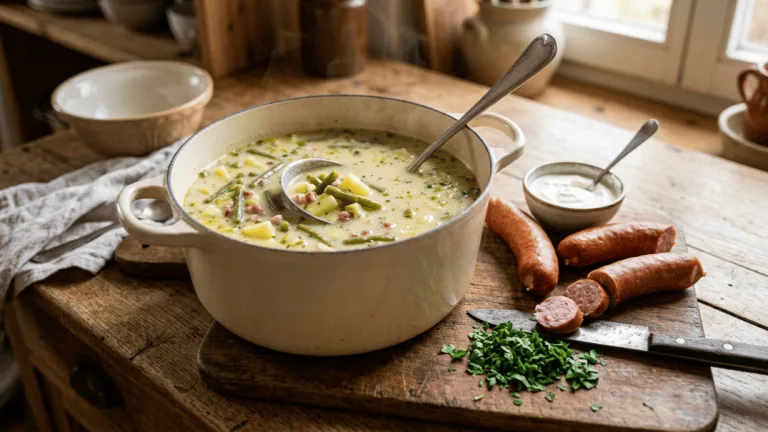 Bouneschlupp traditionnelle tout juste prête dans la cocotte, Mettwurscht coupées en rondelles et crème fraîche à côté