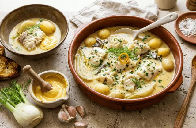 Bourride provençale : poissons blancs dans un bouillon crémeux à l’aïoli, pommes de terre, croûtons aillés et mortier d’aïoli