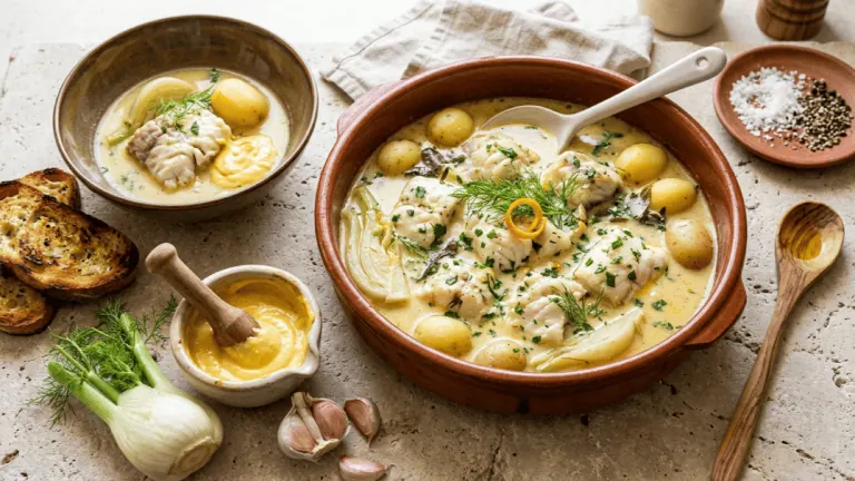 Bourride provençale : poissons blancs dans un bouillon crémeux à l’aïoli, pommes de terre, croûtons aillés et mortier d’aïoli
