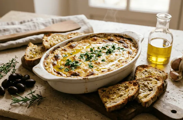 Brandade de morue nîmoise gratinée dans un plat ovale, filet d’huile d’olive, persil et croûtons aillés