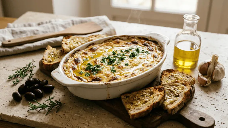 Brandade de morue nîmoise gratinée dans un plat ovale, filet d’huile d’olive, persil et croûtons aillés