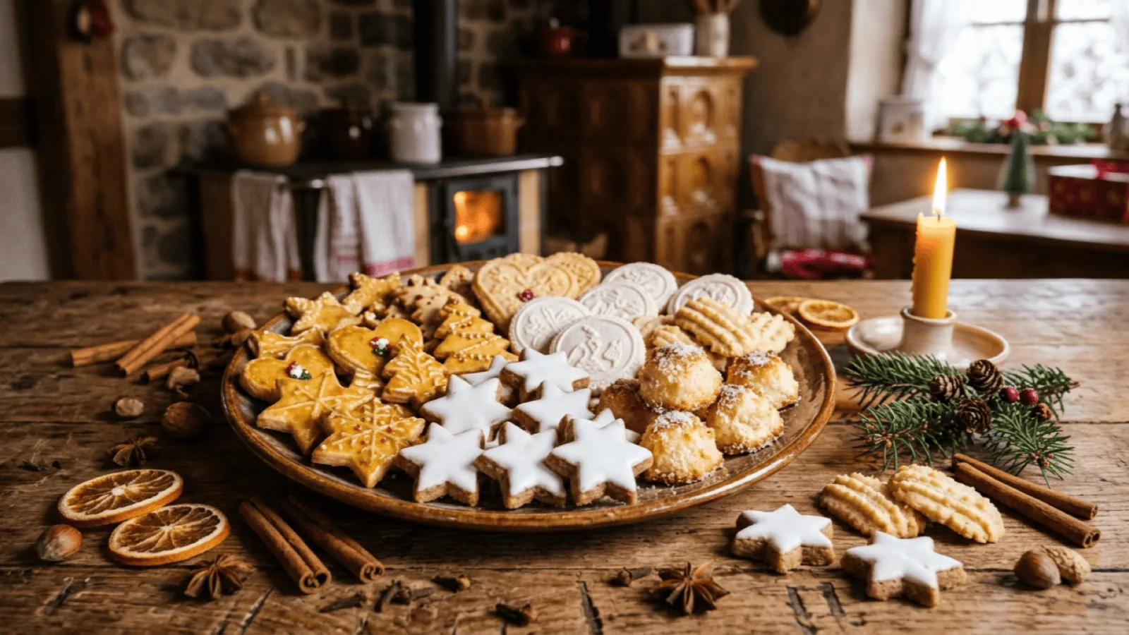 Assortiment de bredele alsaciens de Noël : sablés au beurre dorés, étoiles à la cannelle, spritz et rochers coco