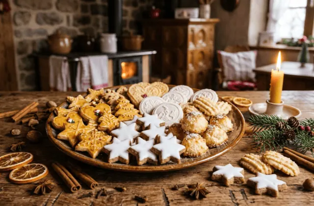 Assortiment de bredele alsaciens de Noël : sablés au beurre dorés, étoiles à la cannelle, spritz et rochers coco