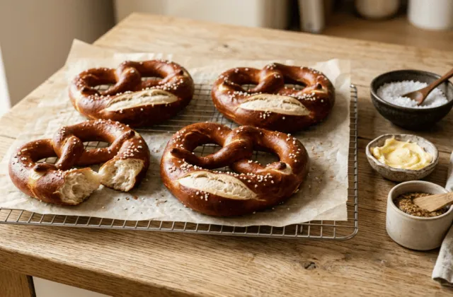 Bretzels maison brun acajou au gros sel sur une grille, l’un ouvert sur sa mie, beurre et moutarde
