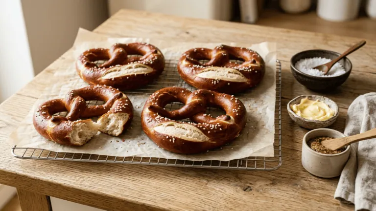 Bretzels maison brun acajou au gros sel sur une grille, l’un ouvert sur sa mie, beurre et moutarde