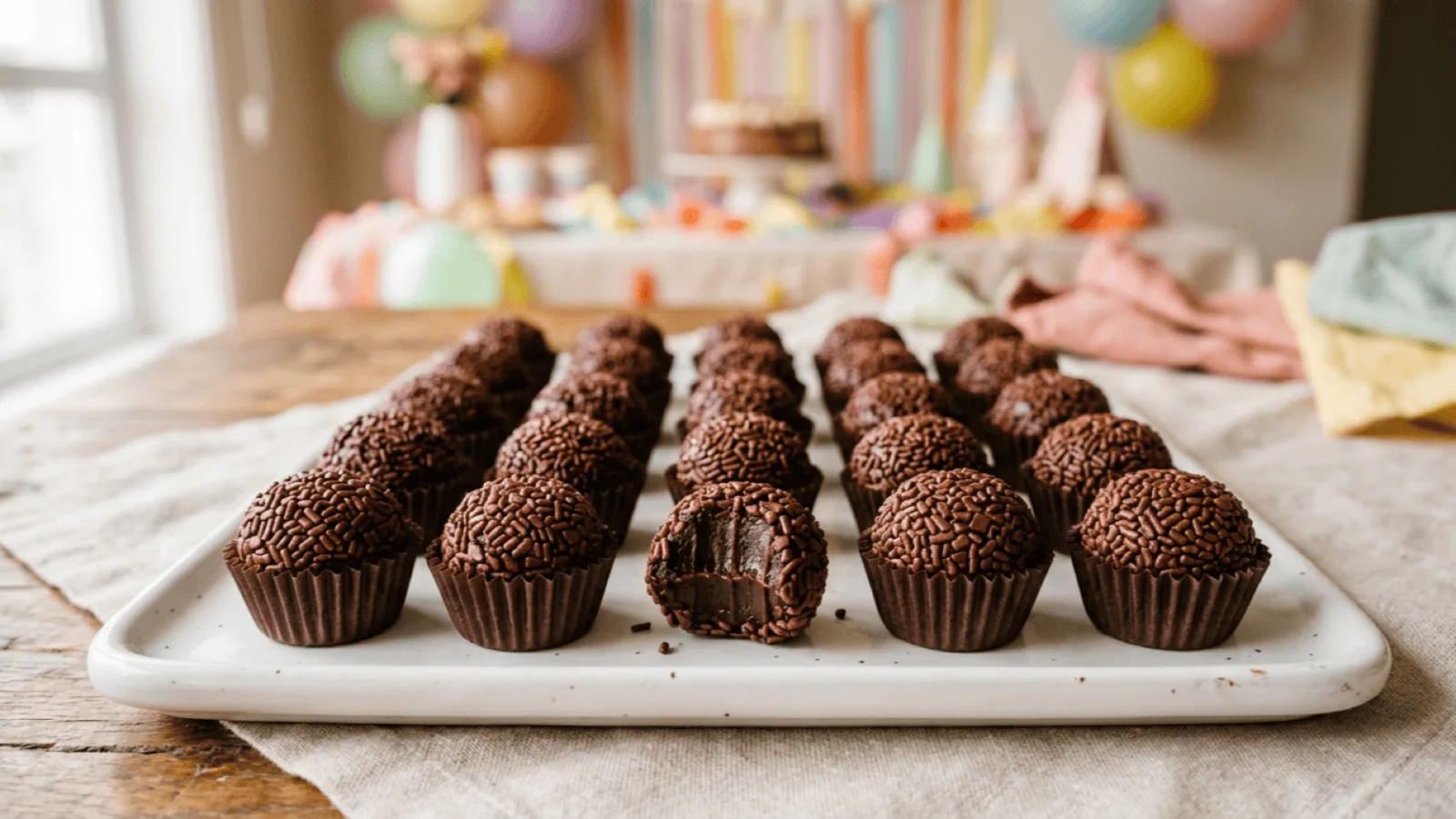 Brigadeiros au chocolat enrobés de vermicelles dans leurs caissettes, l’un croqué sur son cœur fondant, sur une table d’anniversaire